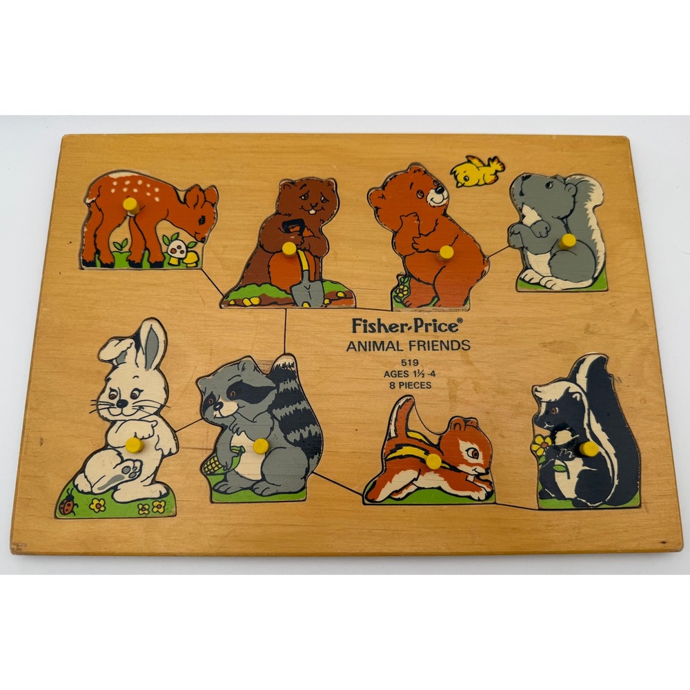 Fisher Price Animal Friends Wooden Peg Puzzle 519 Vintage 8 Piece Toddler Toy